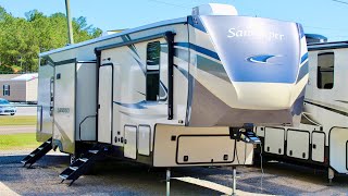 3 Queen Beds in a Fifth Wheel Bunkhouse Camper 2021 Forest River Sandpiper 3440BH [upl. by Wight264]